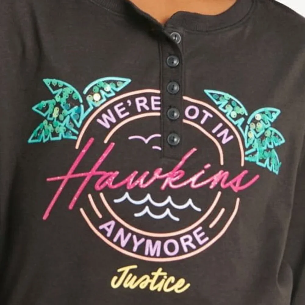 Justice STRANGER THINGS Long Sleeve Black Henley Shirt GIRLS SIZE XS 5-6 NEW